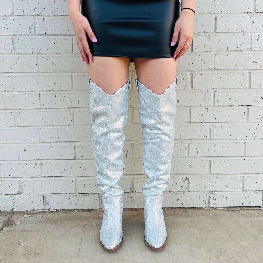 NEW LET'S SEE STYLE women's bring ya to your knees rhinestone boots in silver